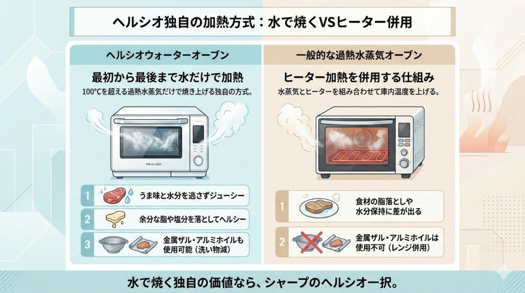 ヘルシオウォーターオーブンと一般的な過熱水蒸気オーブンの違い