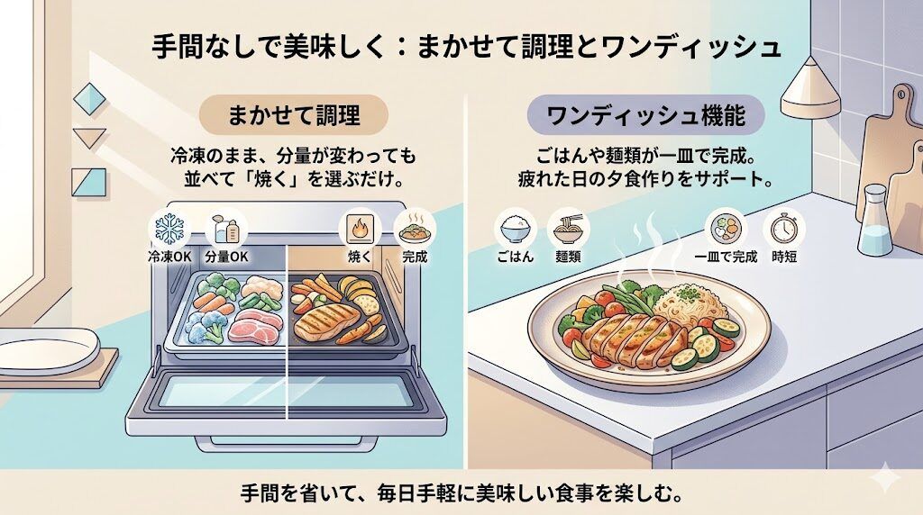 自動で美味しく：まかせて調理とワンディッシュ機能