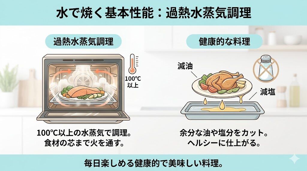 水で焼く基本性能：100℃以上の過熱水蒸気調理