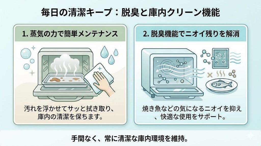 毎日の清潔キープ：脱臭と庫内クリーン機能