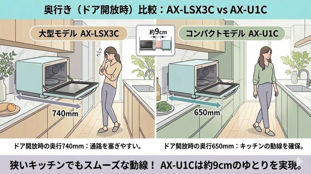 AX-LSX3CとAX-U1Cの奥行きの違い（ドア解放時）