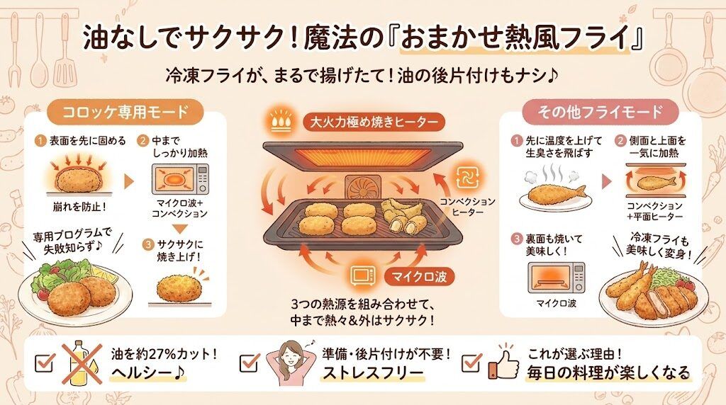 おまかせ熱風フライ：油なしで冷凍フライを揚げられるのはNE-UBS10Dだけ