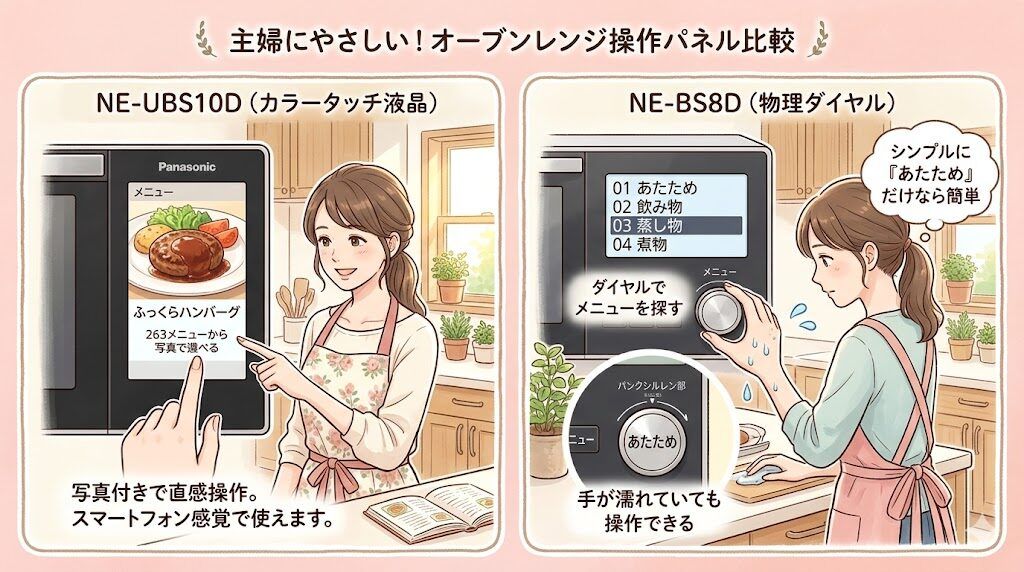 操作パネル：タッチ液晶で直感操作のNE-UBS10Dとダイヤル式のNE-BS8D