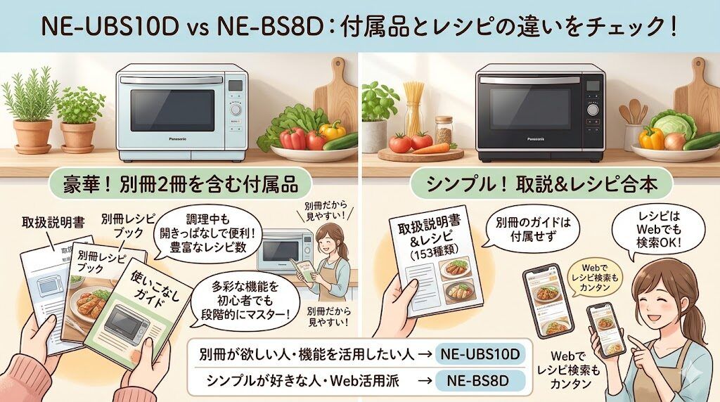 付属品：レシピブック別冊と使いこなしガイドが付くのはNE-UBS10D